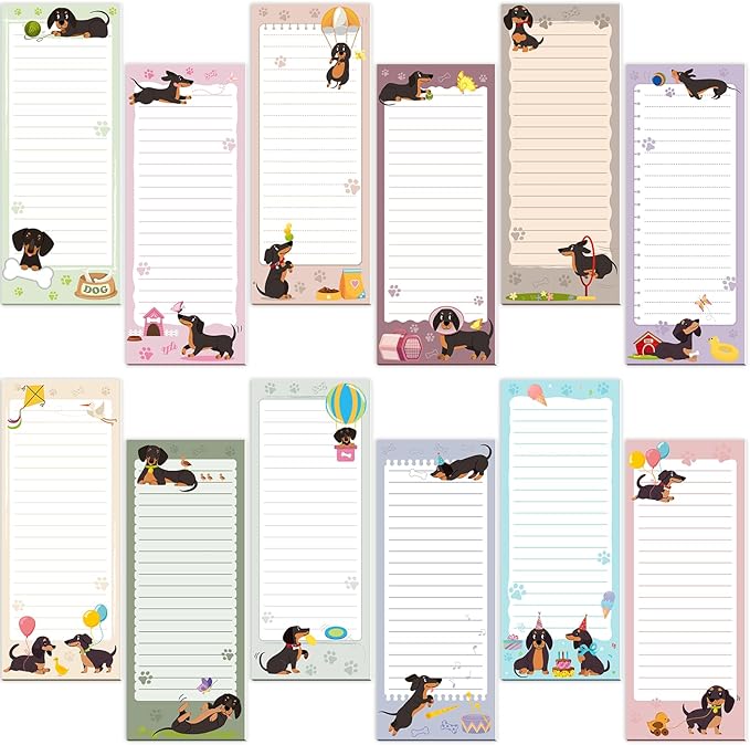 Gersoniel 12 Packs Magnetic Notepads for Refrigerator Monthly Grocery Magnetic List Set to Do List Pads Back Memo Notepad 9 x 3.5 Inches for Fridge Kitchen Shopping Grocery(Mixed Color,Dachshund)