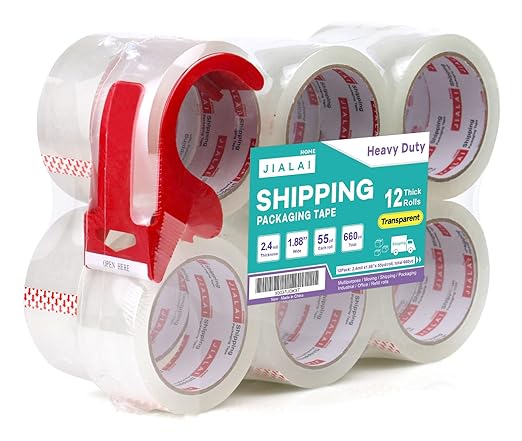 JIALAI HOME 12 Rolls Clear Packing Tape, Heavy Duty Packaging Tape with Dispenser,1.88In x 55Yd,2.4Mil Thick Industrial Grade Transparent Tape Refills for Shipping,Moving,Sealing and storages