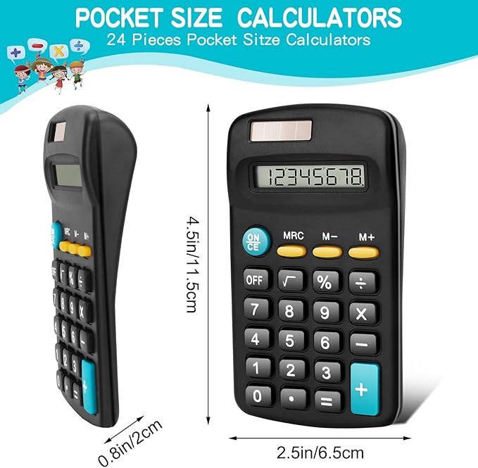 Riccioney 24 Pack Basic Mini Calculators - 8 Digit Display, Solar Battery & AC Power, Handheld for Office, School & Home