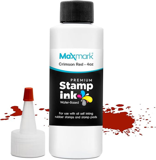 MaxMark Premium Refill Ink with Control Tip Bottle for Self-Inking Stamps, Crimson Red Color - 4 oz.