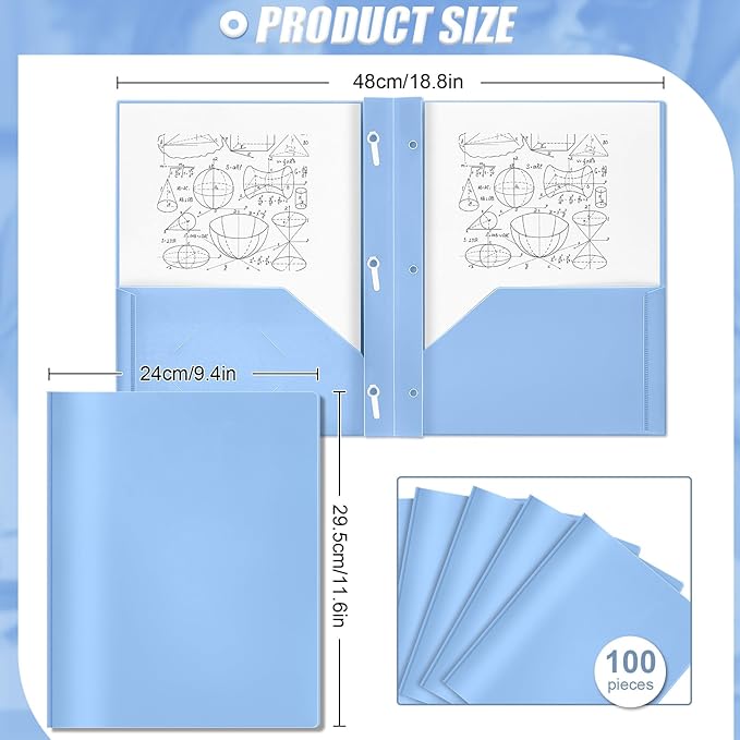 Lincia 100 Pcs Plastic Folders with Pockets and Prong Folders with Prongs 2 Pockets for Office, School for Students, Teachers, Office Workers(Haze Blue)