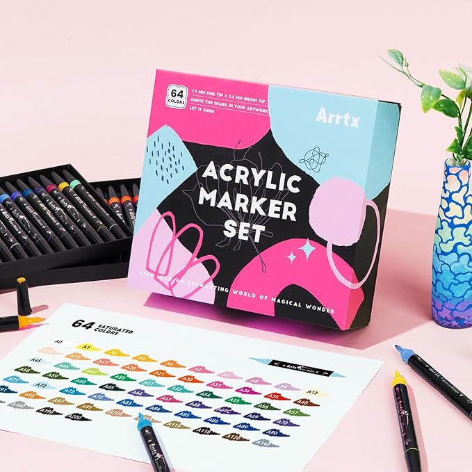 Arrtx Acrylic Paint Markers 64 Colors, Dual Tip Acrylic Paint Pens with Fine Tip and Brush Tip, Art Supplies for Rock Painting, Wood, Ceramic, Fabric, Glass, Card Making, DIY Crafts