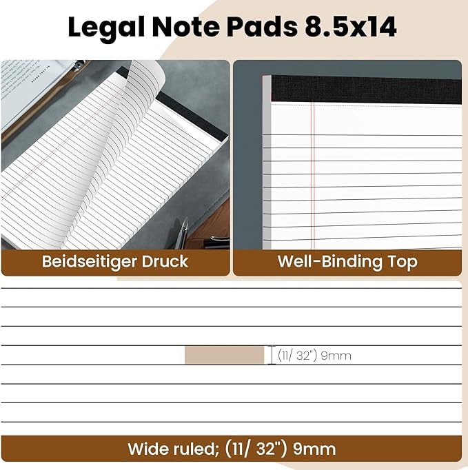 Legal Pads 8.5 x 14 Note Pads, 6 Pack Writing Pads Wide Ruled Notepads, Micro Perforated Notepad, Double-Side Printed Lined Paper Pads 30 Sheets per Notepad, White Legal Pads for Home, Office, School
