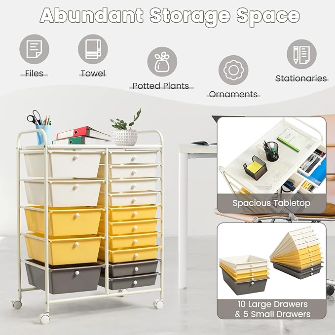 GLACER 15 Drawers Rolling Cart, Storage Cart with w/Removable Drawers & Steel Frame, Multipurpose Organizer Cart w/Sleek Handle, Utility Cart on Lockable Wheels for Home, School, Office (Yellow)