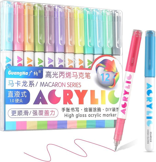 kander Acrylic Gel Pens, 12 Colors Highlighter Acrylic Gel Ink Pens with Bullet Tip,Strong Coverage, Large Ink Capacity, Multi-Purpose Paint Pens for Rock Painting, Crafts, DIY, Art Supplies