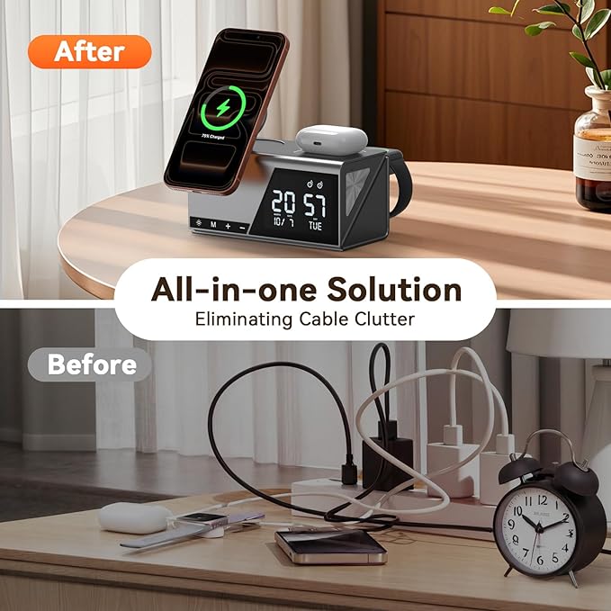 TobenONE 6-in-1 Alarm Clock Wireless Charging Station for Apple Devices, Night Light, Nightstand, MagSafe Magnetic Phone Charger, Fast Charging for iPhone 17 16 15 14 13 Pro Max, Apple Watch, AirPods