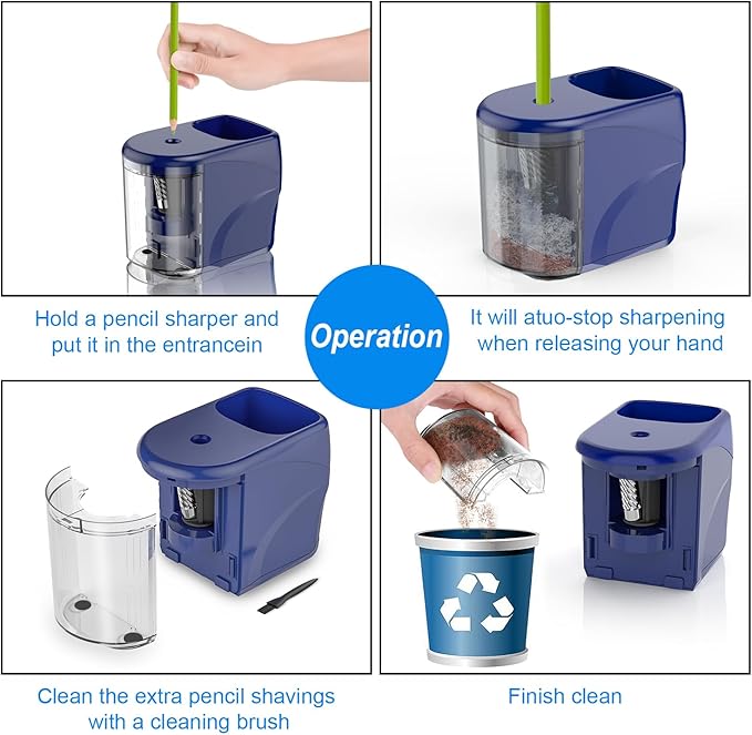 Electric Pencil Sharpener Heavy-Duty Helical Blade Sharpener USB/Battery Operated for No.2/ (6-8mm) Pencils with Auto Stop & Cleaning Brush in School/Classroom/Office (Blue no Adapter)