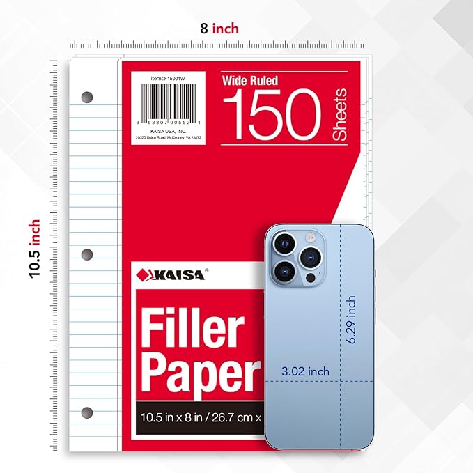 Kaisa Notebook Paper 24 Pack 3600 sheet 8x10.5 Wide Ruled Loose Leaf Paper Filler Paper for 3-Ring Binder Paper 150 Sheets/Pack Notebook Paper 3-Hole Punched Lined Paper(24Pack-Wide)