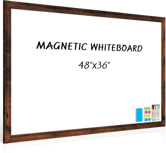 Large White Board for Wall, 48''x36'' Magnetic Dry Erase Board, 4'x3' Decorative Whiteboard with White Vintage Wooden Frame, Hanging Writing Board for Home Office School Classroom