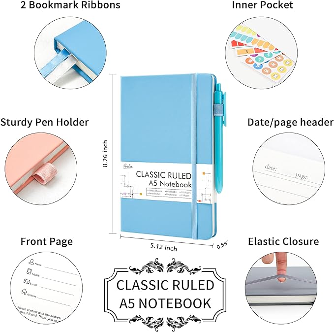 feela 5 Pack Notebooks Journals Bulk, Hardcover Classic Ruled Lined Journals with Pen Holder for Women Girls School Business Supplies, with 5 Black Pens, 120 GSM, 5.1”x8.3”, A5, Mild Colors