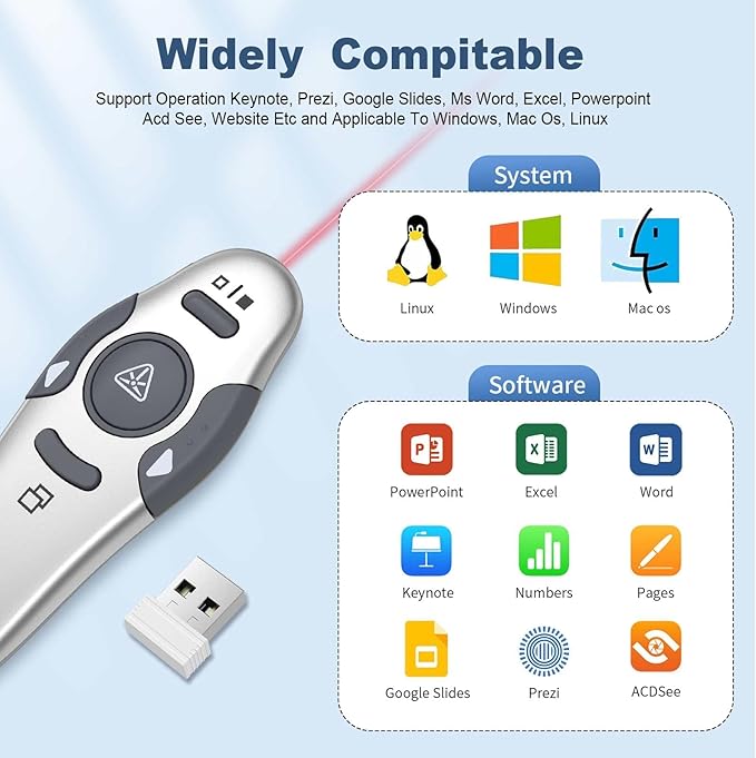 QUI Presentation Clicker Wireless Presenter Remote Clicker for PowerPoint Presentation Remote, PowerPoint Slide Advancer for Mac/Windows/Linux, Google Slide/PPT/Keynote, USB A, Silver