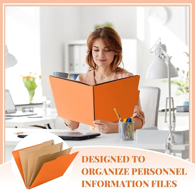 12 Pcs Classification Folders Letter Size 3 Pocket Dividers Employee File Folder with 2 Prongs Fasteners, 2 in Expansion Heavy Duty Pressboard File Holder for School Office Medical Document(Orange)