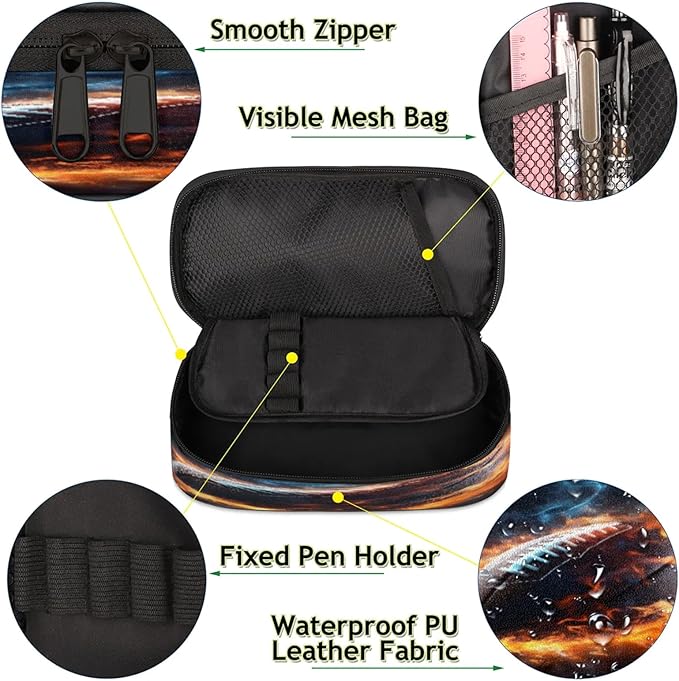 Pardick American Football Fire Pencil Case，Big Capacity Pencil Pouch Coin Pouch Stationery Organizer For Teen School