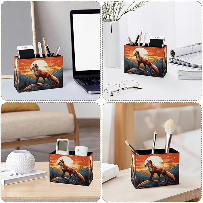 Famame Mountains Red Fox Sunset Pencil Holder for Desk, Leather Desktop Container Pen Cup Storage Study Table Pen Organizer Makeup Brush Holder for Classroom Office Home
