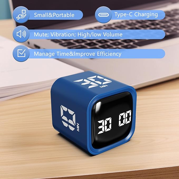 GuDoQi Multi-Function Cube Timer, 5/10/30/60 Min & Custom Count Down, Included Pause & Resume Feature, Silent, Vibrate & Adjustable Sound Alarm for Productivity in Tasks,Study & Kitchen, Classic Blue