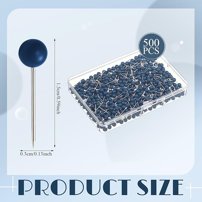 WILLBOND 500 Pack Map Push Pins Map Tacks Small Round Head Push Pins Thumb Tacks for Travel Picture Photo Bulletin Board Wall DIY Craft School Office Home(Navy Blue,1/6 Inch)