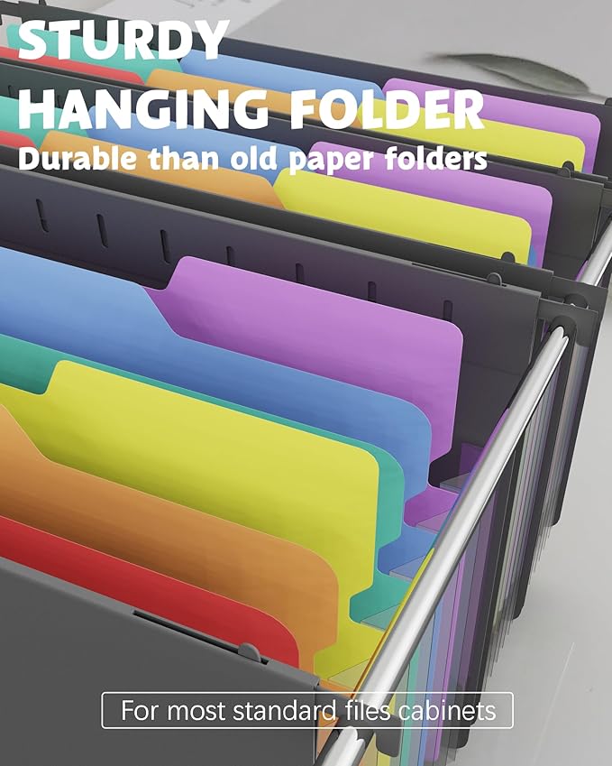 MAIMIS Plastic Expanding Hanging File Folders, 7 Pocket Extra Capacity Accordion Hang Folder, 1/5 Cut Adjustable Tabs, Multi-Color Lables, Letter Size for Filing Cabinet - 3 Pack