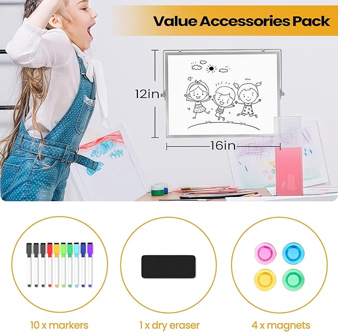 Lumspax Desktop Whiteboard with Stand, 16" x 12" Double-Sided Dry Erase Board with Stand, Portable Stand White Board for Office, Home, School