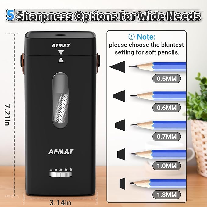 AFMAT Electric Pencil Sharpener, Fully Automatic Pencil Sharpener, Auto in & Out, Rechargeable Hands-Free Sharpeners for Jumbo & Colored Pencils (6.5-12mm), Portable for Home/Classroom/Office PSC6