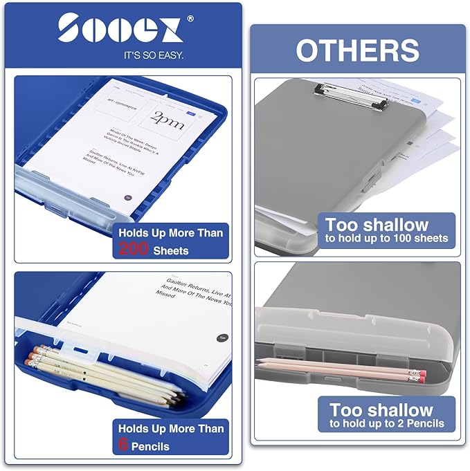 Sooez Clipboard with Storage, High Capacity Nursing Clipboards with Pen Holder, Clip Boards 8.5x11 with Storage, Low-Profile Clip, Lightweight Plastic Clipboard for Teachers, Lawers, Office Workers