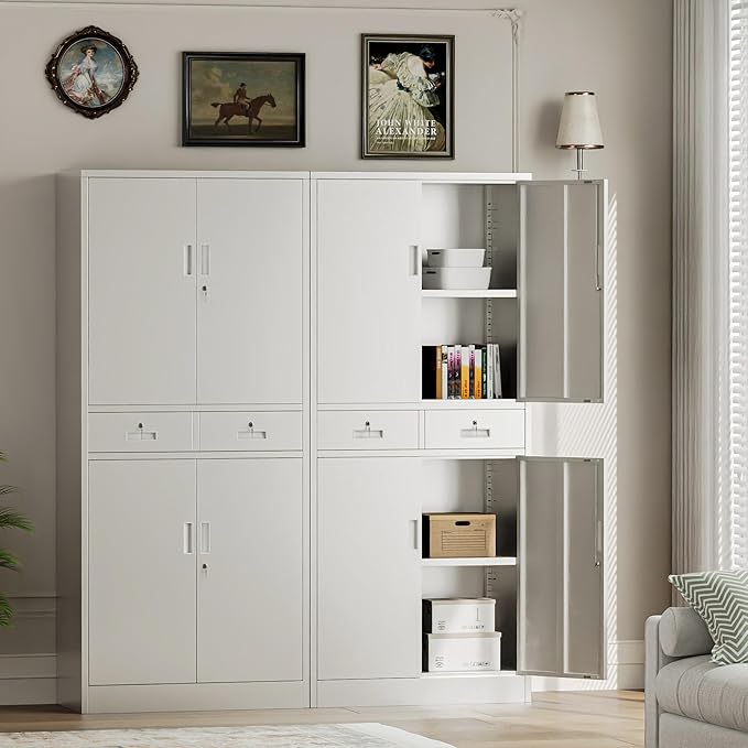 TaskStorz Metal Storage Cabinet with 2 Drawers 71" H,White Metal Garage Cabinets with 2 Lockable Doors and Adjustable Shelves Easy to Assemble for Home Office, Kitchen,Pantry,Garage,Warehouse