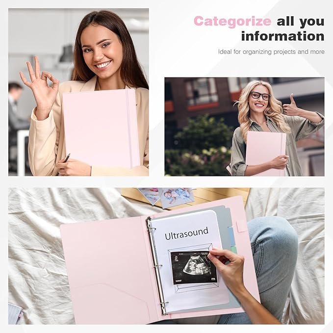 Ospelelf Vintage Hardcover 3 Ring 1 inch Leather Binder, Professional Binders Organizer Suitable for Letter Size Documents, Binder Dividers with Tabs, Faux Pink Leather