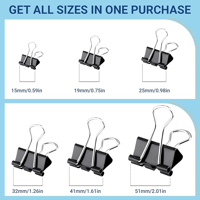 208 PCS Binder Clips Assorted Sizes – 0.6"-2" Black Metal Paper Clamps, Micro and Mini/Small/Medium/Large/Extra Large Binder Clips Set, Canned Office Supplies for Home/School