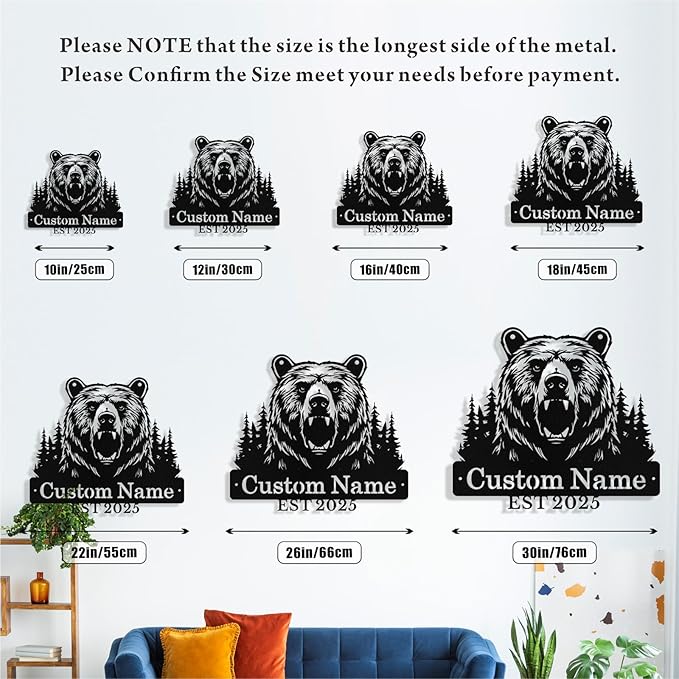 Custom Bear Metal Sign, Custom Bear Metal Wall Art Decor, Personalized Last Name Signs for Home, Rustic Farmhouse Black Wall Decor for Cabin, Bedroom, Living Room, Porch