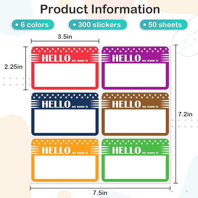 L LIKED 300 Stickers - Hello My Name is 3.5" x 2.25"Colors Plain Name tag Labels with Perforated Line for School Office Home (300 Labels)