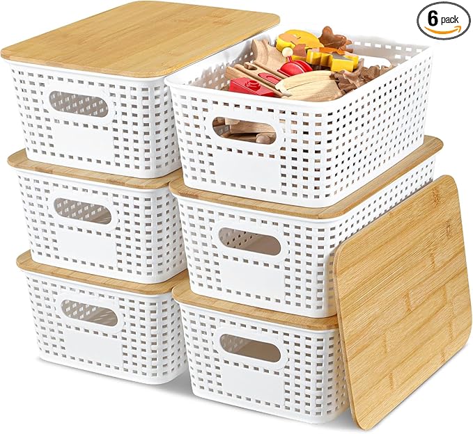 6 Pack Storage Bins with Bamboo Lids,Plastic Storage Baskets and Storage Containers, Storage Baskets for Organizing Shelves Drawers Desktop Closet Playroom Classroom Office Home