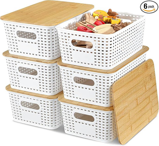 6 Pack Storage Bins with Bamboo Lids,Plastic Storage Baskets and Storage Containers, Storage Baskets for Organizing Shelves Drawers Desktop Closet Playroom Classroom Office Home