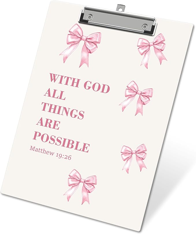 APIILVPQ Bible Verse Clipboard, Pink Bow Clipboards with Low Profile Clip for Office School Use, Christian Wooden Clip Boards for Nurses Teachers Students - B03