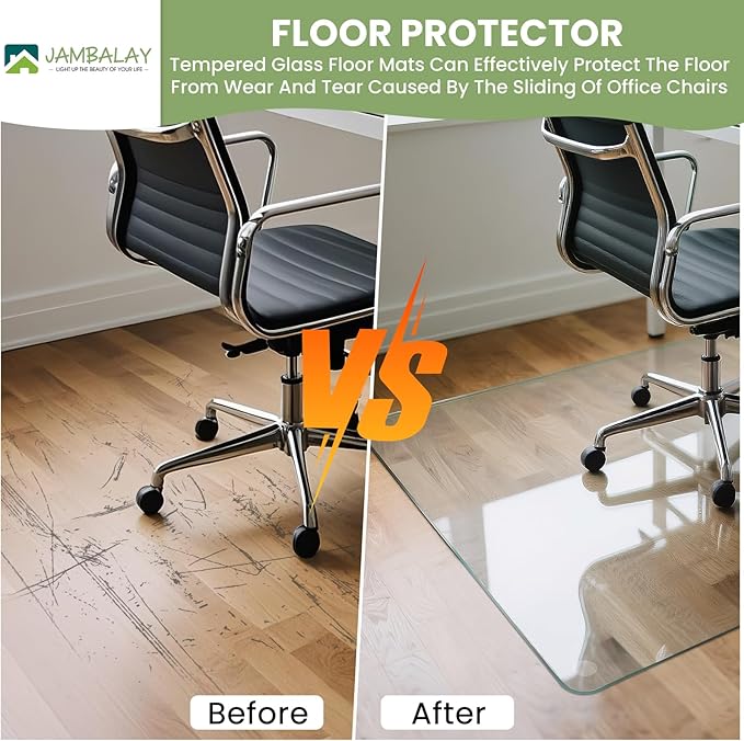 JAMBALAY 46″×36″ Tempered Glass Floor Mat, Heavy Duty Glass Office Chair Mat for Carpets or Hard Floors, Carpet Floor Mats with 12 Non Slip Pads for Easy Roll On, Thick 1/5″