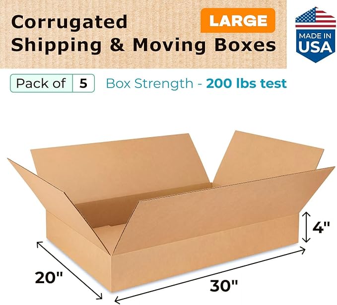 Large Shipping & Moving Boxes 30 x 20 x 4 inches (5-Pack) - Extra Strength 200 lb vs Regular - Corrugated Strong Moving Boxes - Packing Box for Moving Large Volumes by IDL Packaging