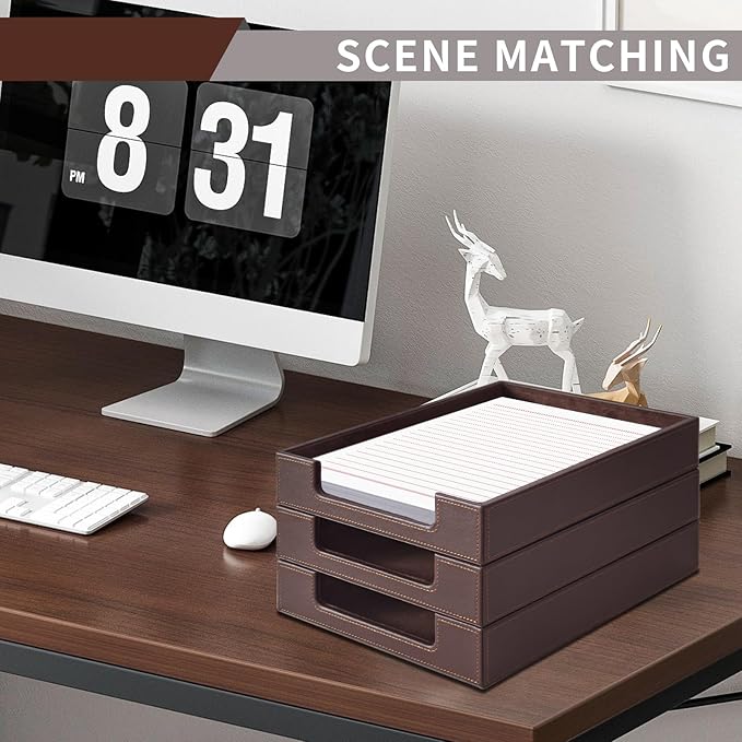 RHCSZ PU Leather Letter Tray - Load Documents Trays Front for Office Desktop Organizer - Desk Magazine, File, A4 Paper Holder - Paper Document File Holder Drak Brown (Drak Brown, A4-Tray)