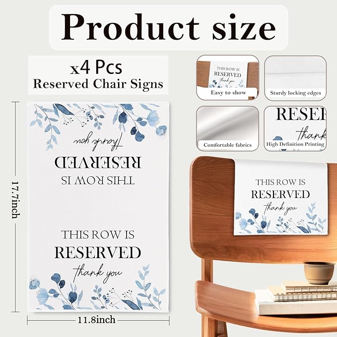 ChissNook Reserved Seating Chair Signs, This Row Is Reserved Pew Cloths Seating Placeholder for Church Pews, Wedding Decorations for Reception Parties Celebrations Event Meetings (Dusty Blue, 4 PCS)