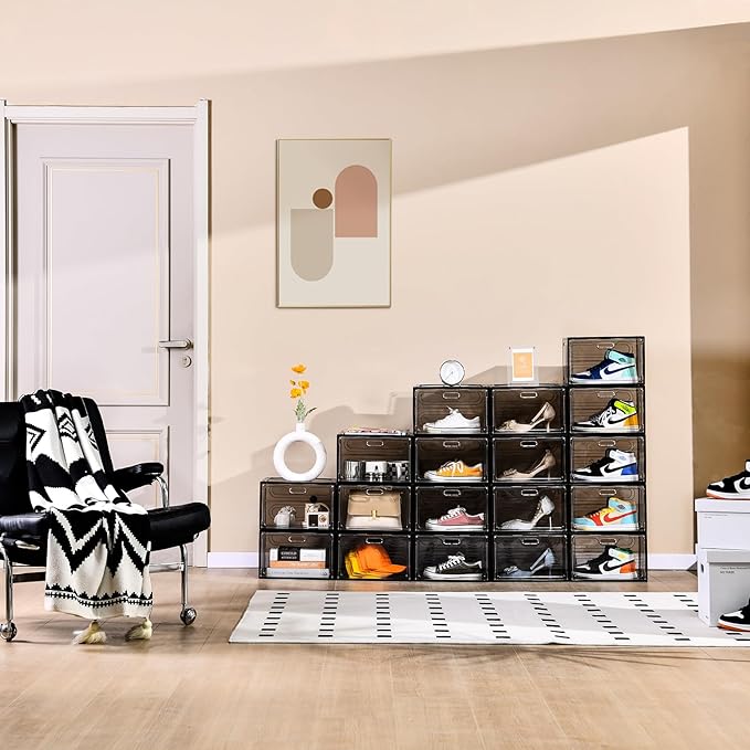 Amllas New Gray 8 Pack Shoe Boxes Stackable, Large Shoe Storage Organizer with Lids,Drop Side Shoe Containers for Entryway,Sneaker Storage Fit up to US Size 13 for Men/Women(13’’x 10.6”x 8.3”)