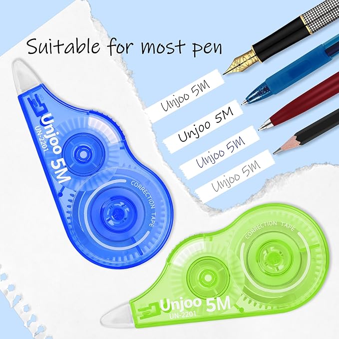 Unjoo White Correction Tape, Easy To Use Applicator, Fast Clean Tear-Resistant Tape For school Supplies, Office (9-pack, 5M/196, Red, Green, Blue, Tape Width 0.2in)