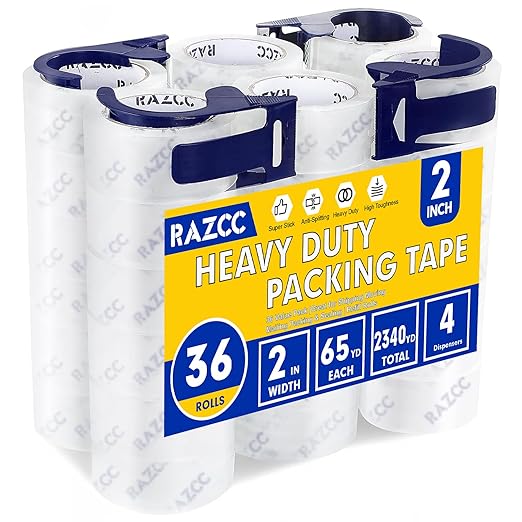 RAZCC Clear Packing Tape, 36 Rolls Heavy Duty Packaging Tape with Dispensers for Packing Shipping Moving and Sealing, Thicker Packing Tape-2" x 65 Yards Per Roll, 2340 Total Yards