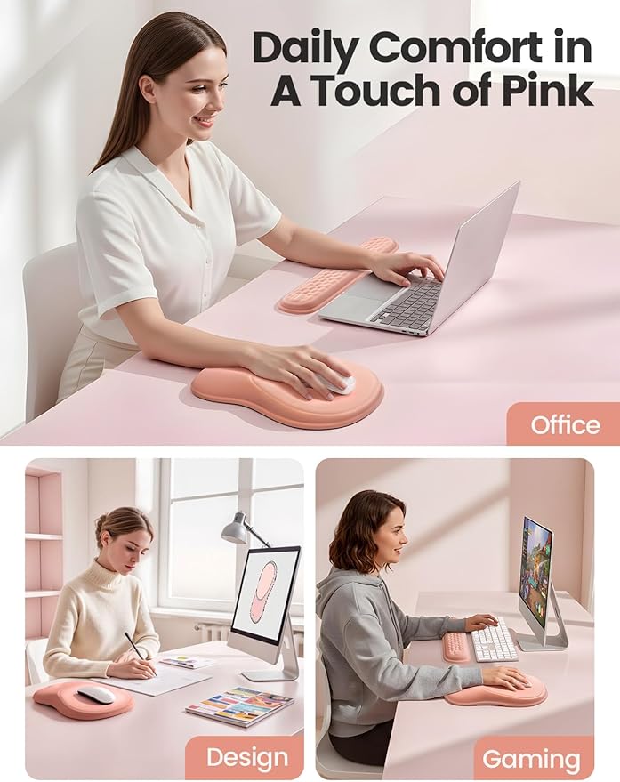 Meatanty Keyboard and Mouse Wrist Rest Set, Ergonomic Wrist Pad Support, Computer Hand Palm Rest Combo, Memory Foam Typing Desk Accessory Carpal Tunnel Cushion, Laptop Office Home School Women-Pink