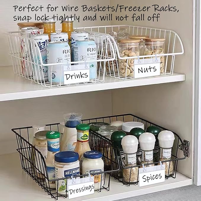 ChanQnTon Plastic Shelf Labels, 60pcs Label Holders with 120pcs Snap Lock Hanging Loops and 60pcs Matched Paper Inserts for Wire Basket,Price Tags,Shelf Tags for Wire Shelving 3.15x1.57inch
