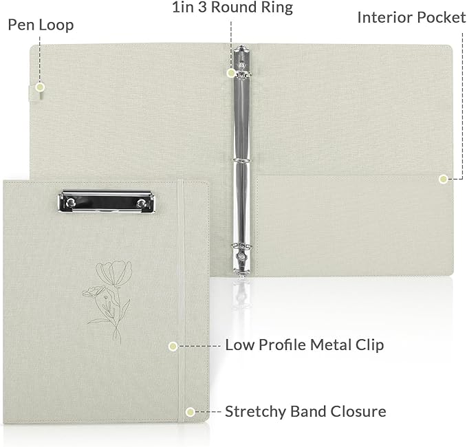 SKYDUE Clipboard Binder with Dividers,1 Inch 3 Ring Binder with Clipboard on Front for Organizer, Clipboard Folder with Pocket, Labels Office Supplies Beige