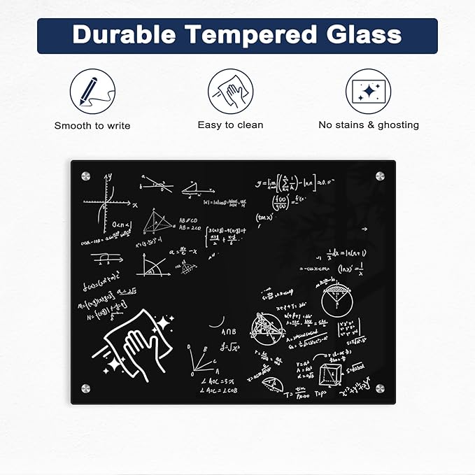 Black Dry Erase Board, 4' x 3' Magnetic Glass Whiteboard for Wall,48" x 36" Large Black Glass Magnetic Board with 1 Marker Tray and 3 Magnets for Office, Home, Classroom