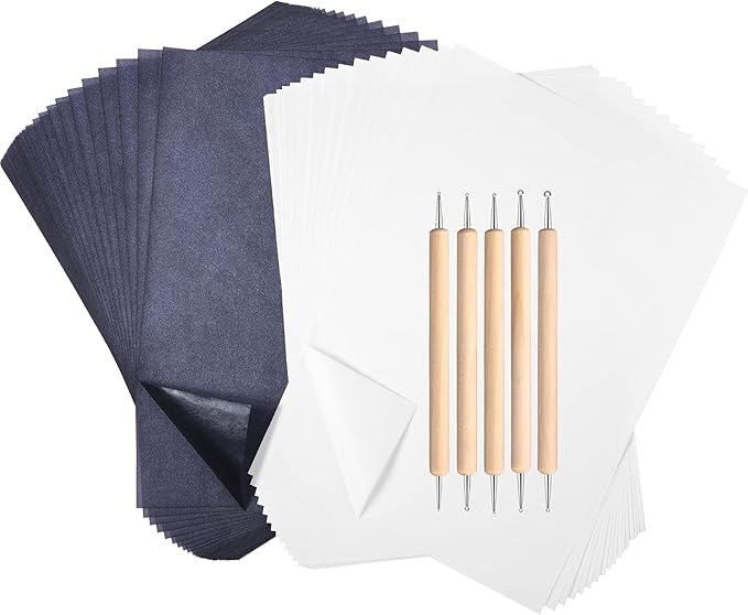 105 Pcs Carbon Transfer Paper 11.7 x 8.3 Inch Tracing Carbon Graphite Copy Paper with Embossing Stylus Tracing Stylus Dotting Tools for Cloth Wood (Black, White)