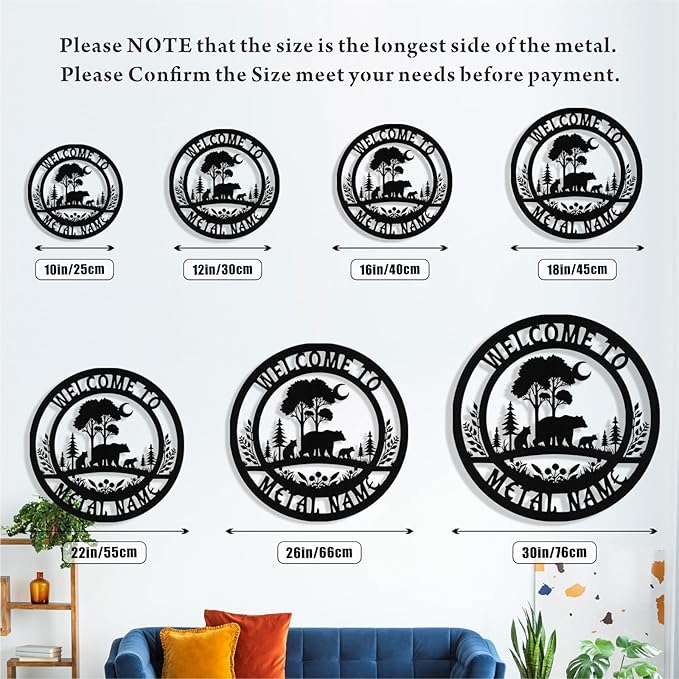 Custom Bear Metal Sign, Custom Bear Metal Wall Art Decor, Personalized Last Name Welcome Signs for Home, Rustic Farmhouse Black Wall Decor for Cabin, Outdoor Porch