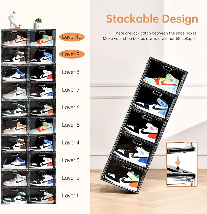 Amllas New 8 Pack Shoe Boxes Stackable, Large Shoe Storage Organizer with Lids,Drop Side Shoe Containers for Entryway,Sneaker Storage Fit up to US Size 13 for Men/Women(13’’x 10.6”x 8.3”)