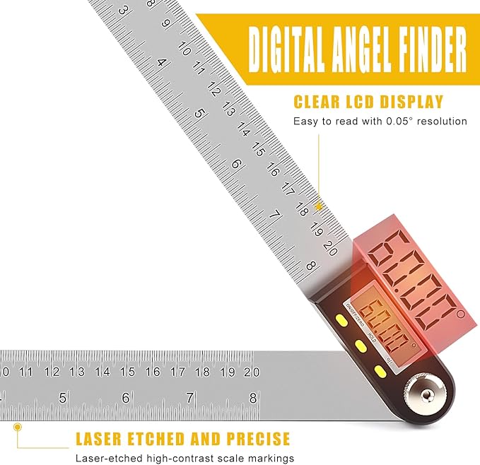Delgada 8 inch/200mm Digital Angle Finder Ruler - Stainless Steel Protractor for Woodworking and Construction - Battery Included
