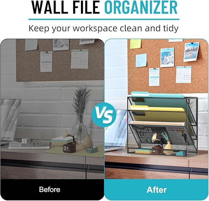 SUPEASY Wall File Organizer Mesh Office Mail Holder, Hanging Wall Organizer Magazine Rack for Office Black, 4 Tier