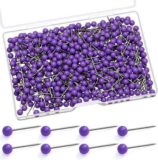 WILLBOND 500 Pack Map Push Pins Map Tacks Small Round Head Push Pins Thumb Tacks for Travel Picture Photo Bulletin Board Wall DIY Craft School Office Home(Purple,1/6 Inch)
