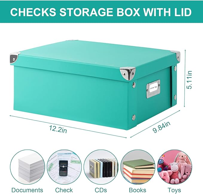 2 Pcs Checks Storage Box with Lid Document Boxes Banker Boxes Lake Green Document Bin Snap Close Receipt Box Storage Foldable Cardboard Record Boxes For Files Orangize Books Files Envelope 12"x10"x5"